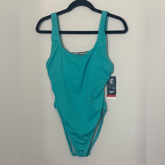 NWT Speedo Teal One-Piece Swimsuit with UPF, Open Back, Ribbed, size 12 - Picture 1 of 9